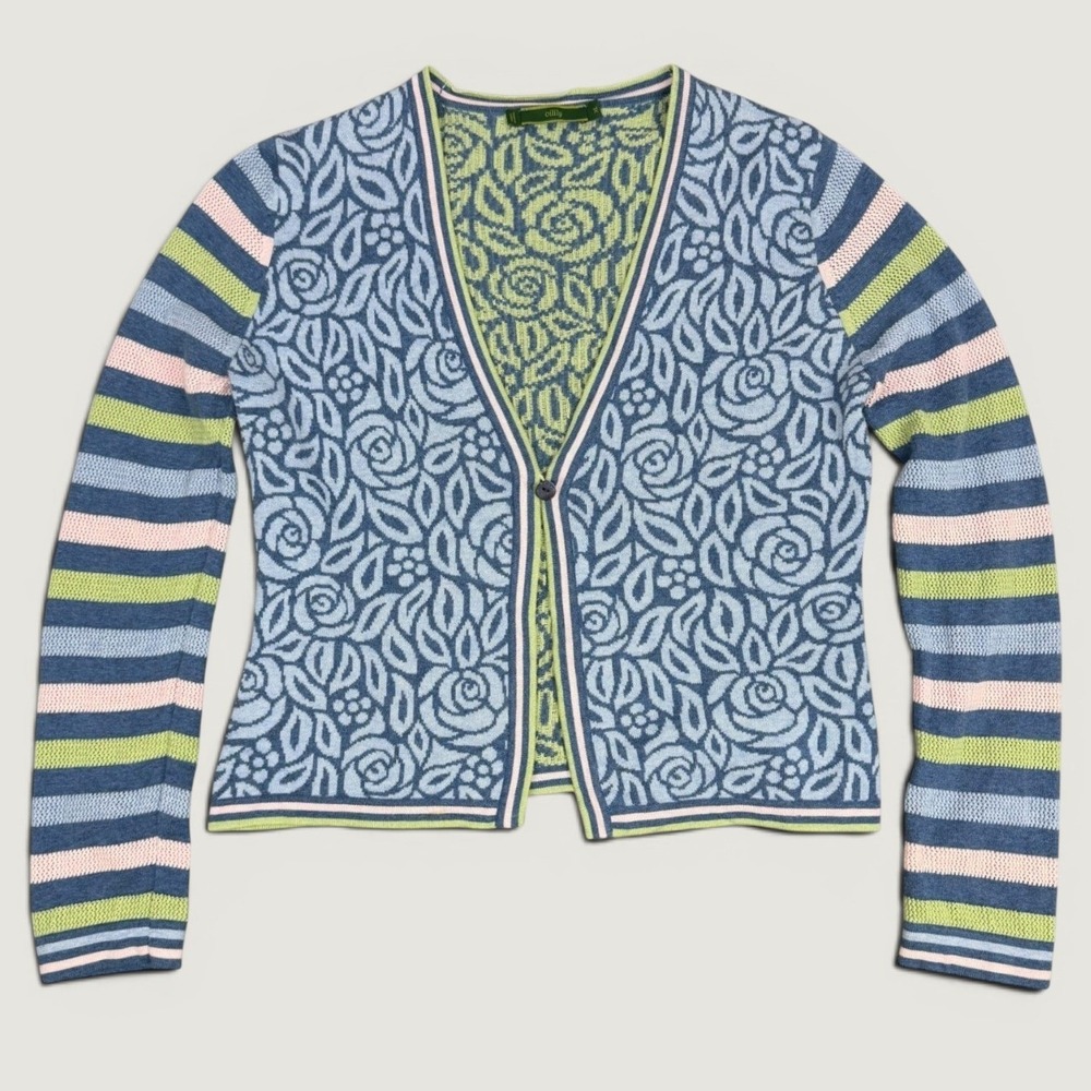 VTG Oilily Whimsical Striped Knit Cardigan XL Wool Blend Grandmacore Art Teacher